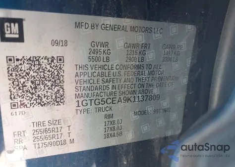 2019 GMC Canyon Sle из США, поврежденный, VIN 1GTG5CEA9K1137809